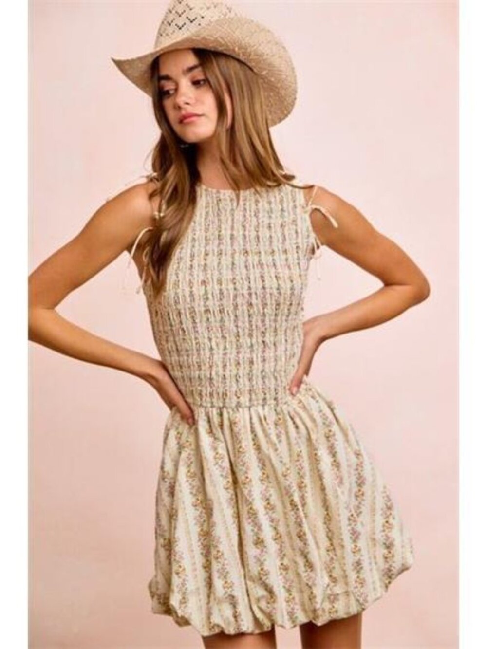 BiBi Floral Bow Tie Attachable Puff‎ Sleeves Dress
